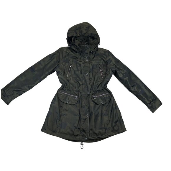 Michael‎ Kors Coat Womens Large Green Camouflage Hooded Full Zip Snaps - Picture 1 of 11